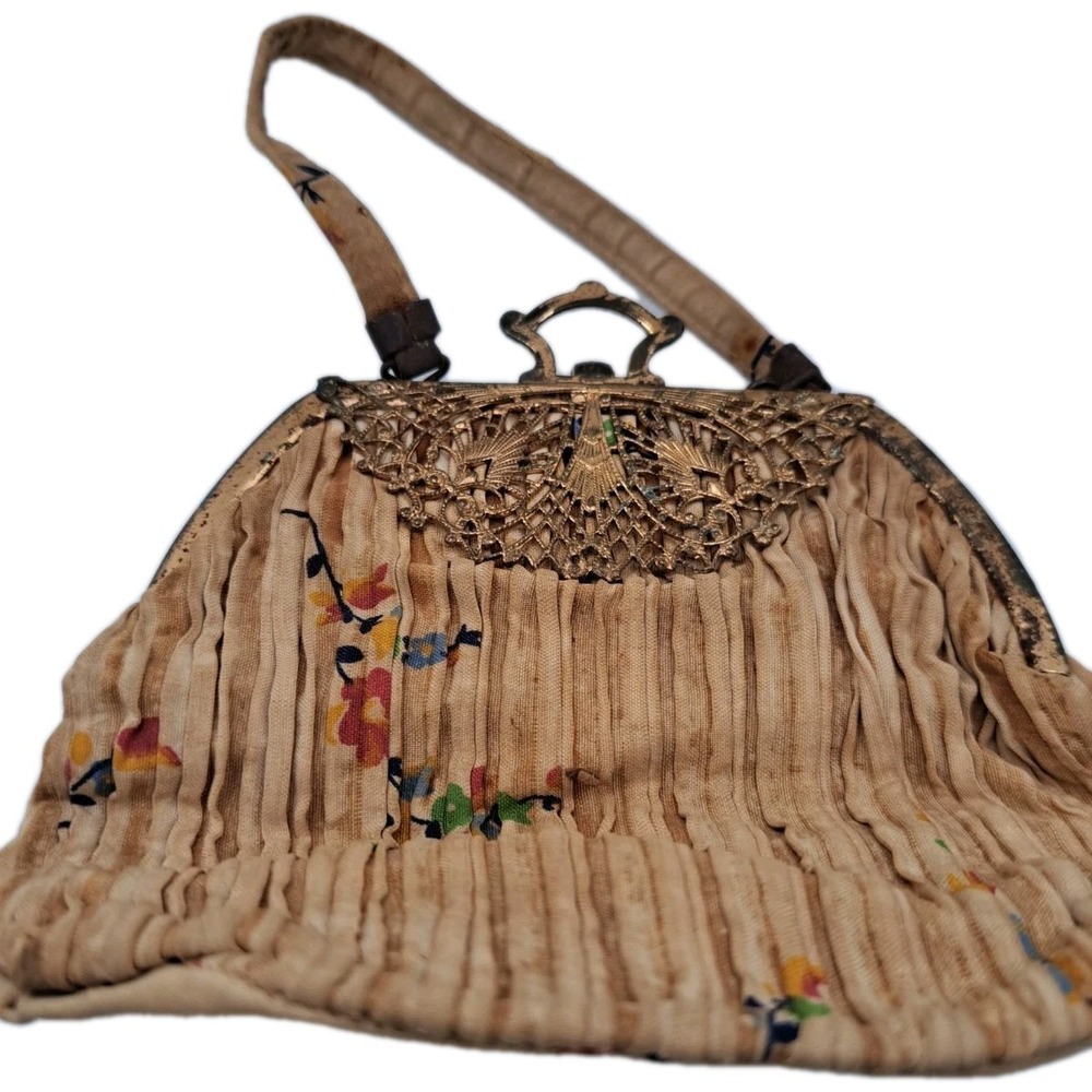Antique Floral Clutch/Handbag  Detailed Gold Tone Frame With Clasp & Mirror